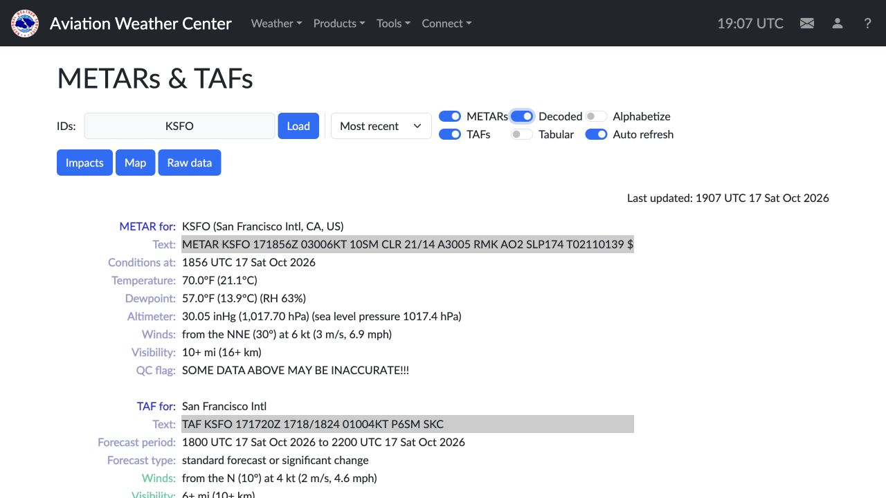 Historical Aviation Weather Center decoded KSFO METAR and TAF display, including a visible QC flag warning.